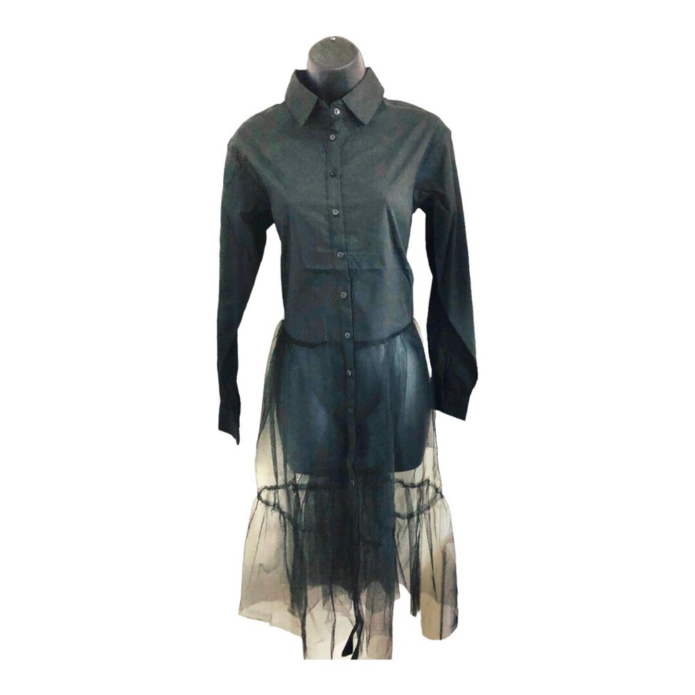 Black tulle sheer chiffon illusion tiered button down top shirt dress size Large